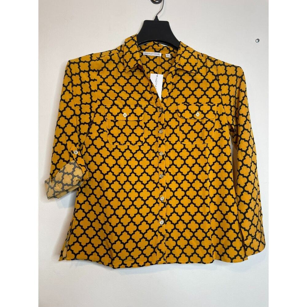 Notations Womens Button Up Shirt Golden Black PM Long Roll Tab Sleeve Pockets